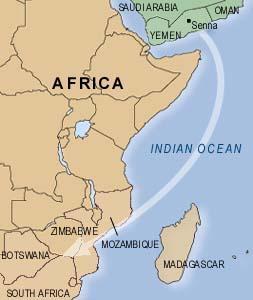 The route the Lemba took from Senna in Yemen